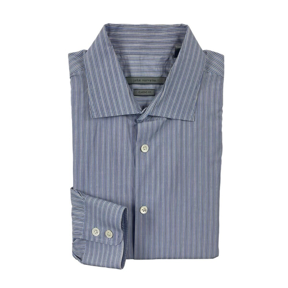 John Varvatos Collection Blue Gray Striped Cotton Button Front Mens Shirt 16.5